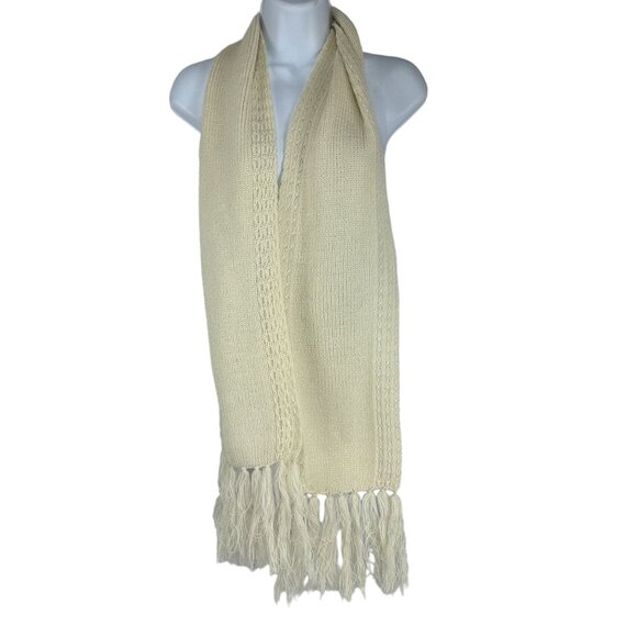 Hand Knit Cream Acrylic Scarf Fringe Textured Pattern Lightweight Winter Wear - Picture 2 of 5